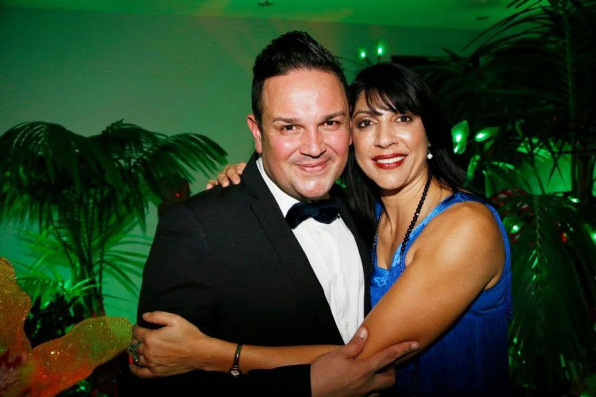 Gordy and a friend at an evening celebration